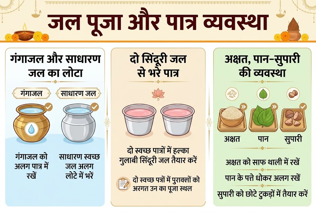 जल पूजा और पात्र व्यवस्था